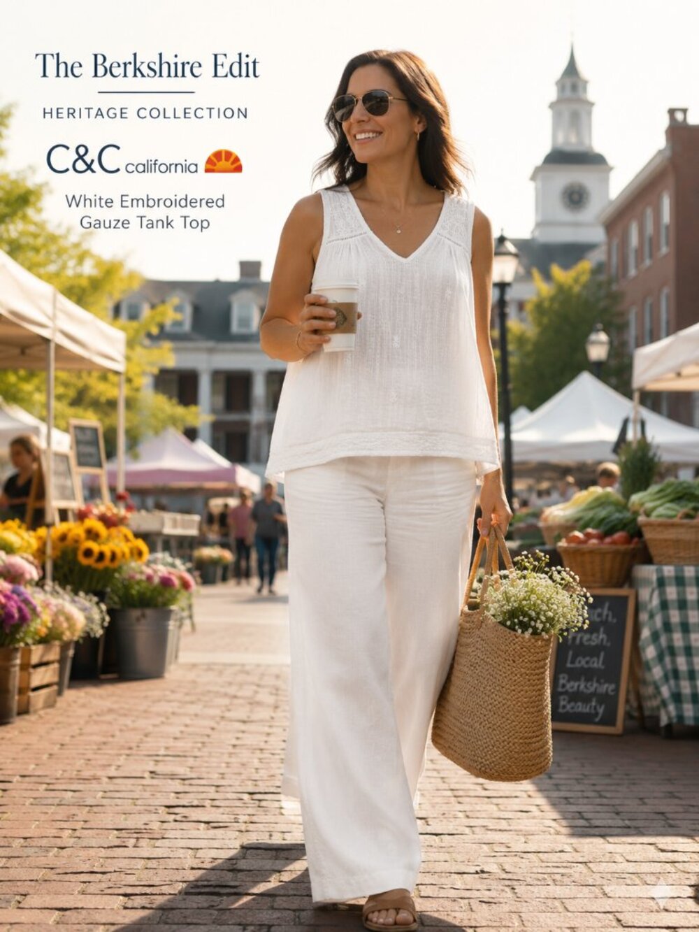 C&C California White Embroidered Gauze Tank Top L Metallic Thread Boho India